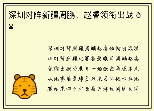 深圳对阵新疆周鹏、赵睿领衔出战 🔥